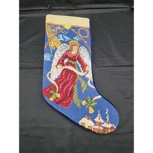 VINTAGE NEEDLEPOINT ANGEL CHRISTMAS STOCKING 17" Legnth Velvet Back